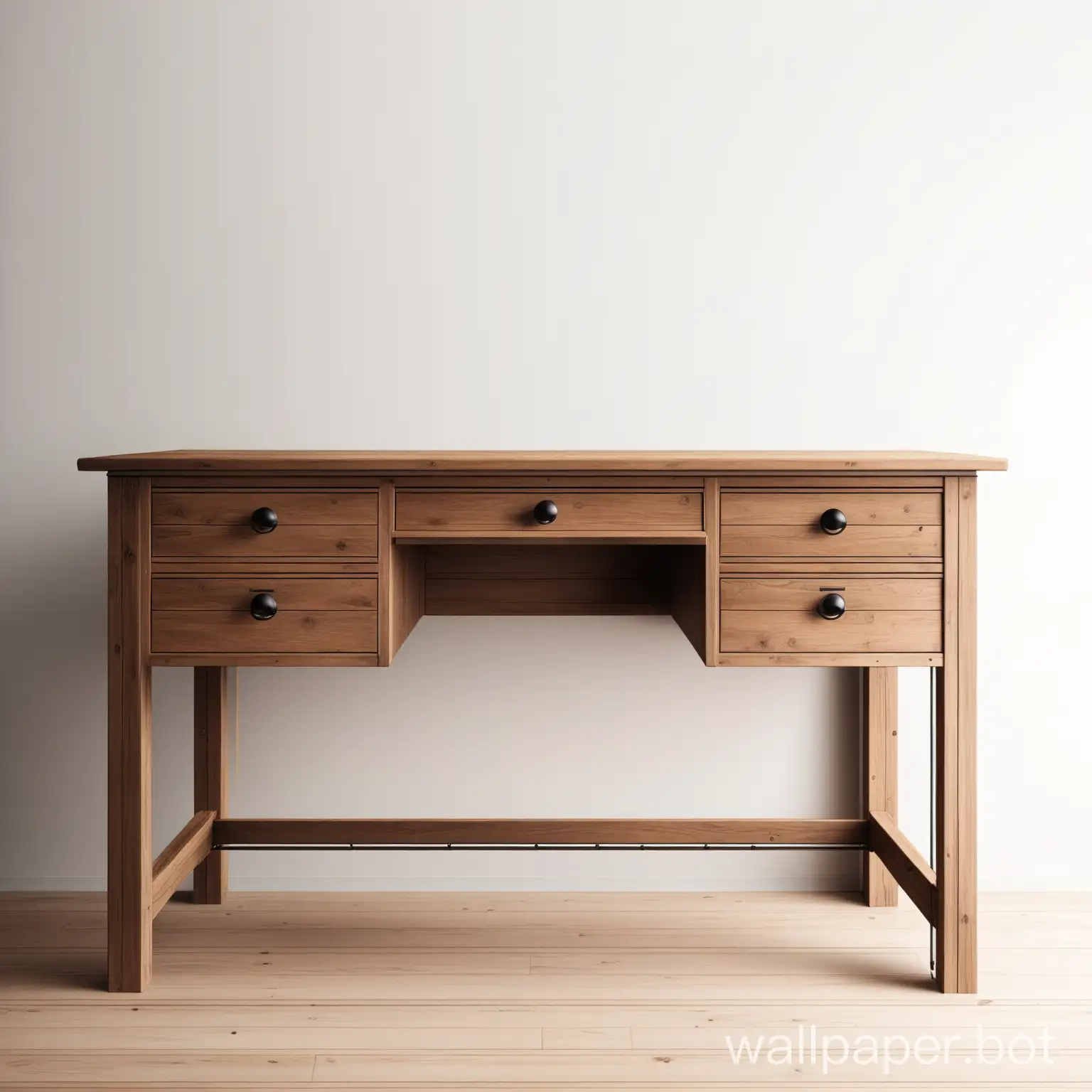 A wooden or rustic desk with a white wall background