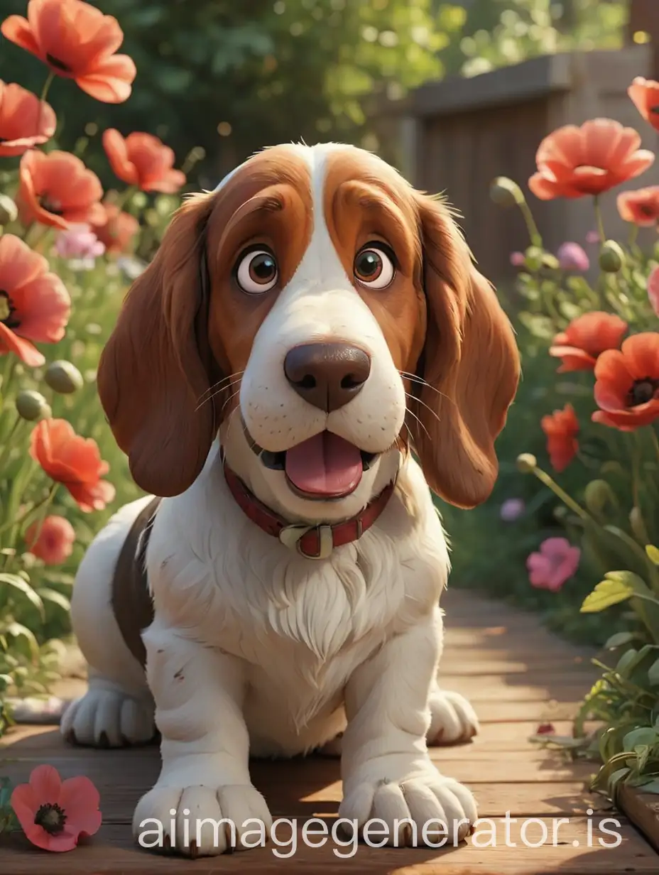 Happy-Basset-Hound-DogAI-Image-Prompt-Expansion-Surrounded-by-Poppies-with-Floating-Hearts