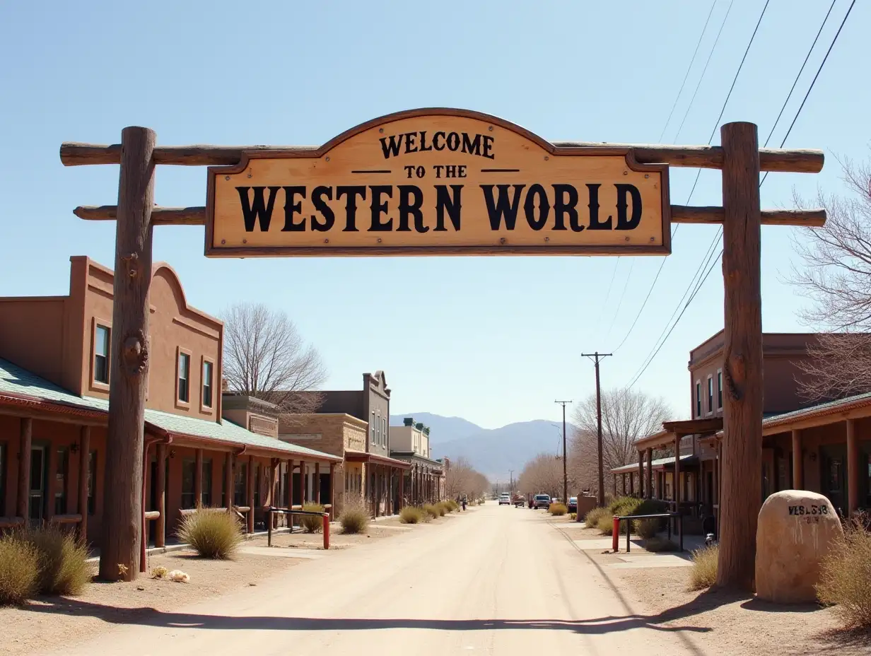 The old Westworld town neighborhood entrance sign reads 'Welcome to the Western World.'