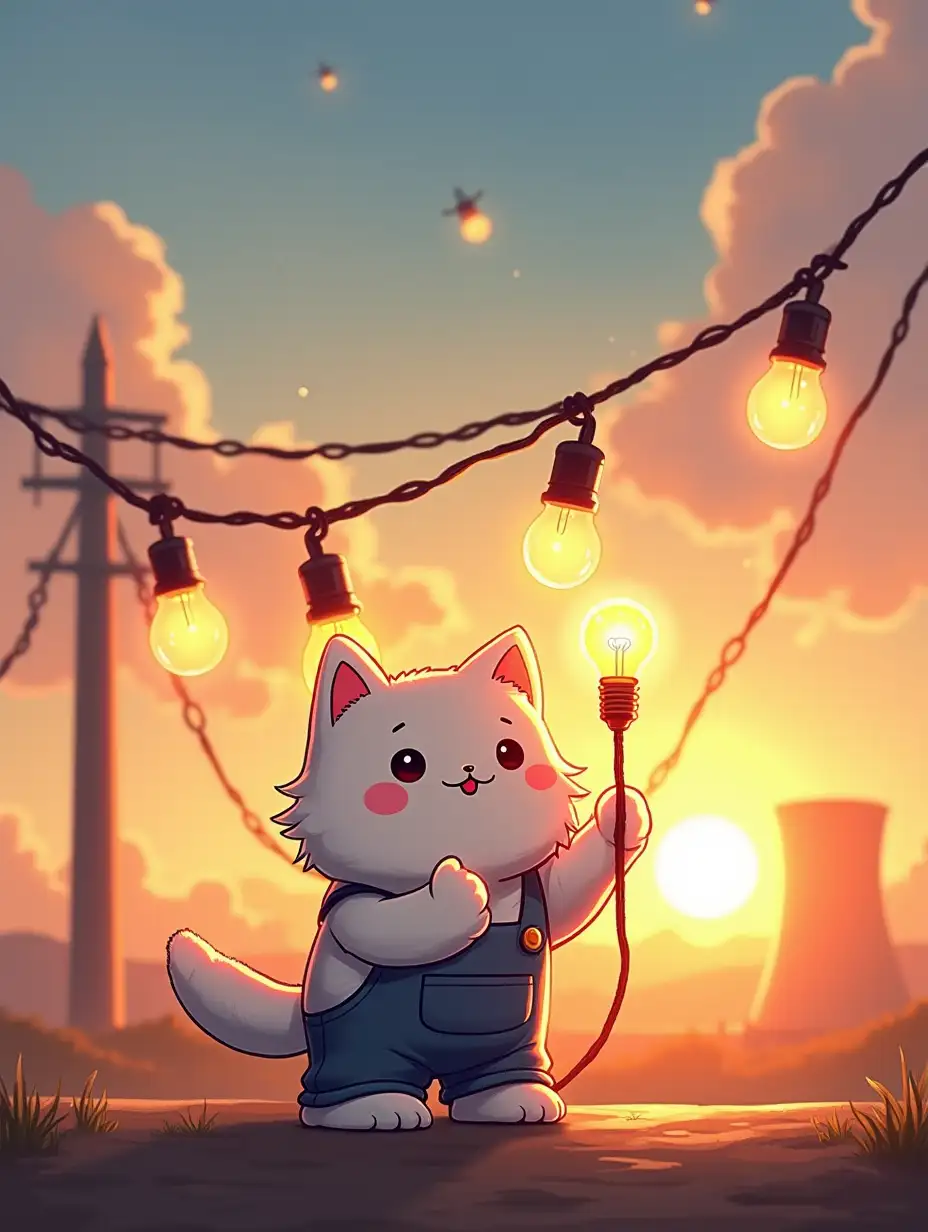 kawaii positive chibi fluffy happy cat kawaii positive chibi fluffy happy cat mechanical engineer they hang light bulbs on high-voltage power lines, in the background a nuclear power plant in the rays of sunset with a soft halo of magical glow and a sense of celebration, paint in anime style