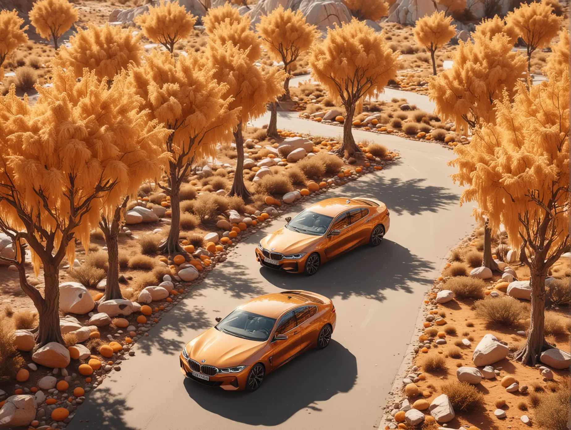 Futuristic Visionary Landscape with ApricotColored Fluffy Trees and SelfDriving BMW Cars