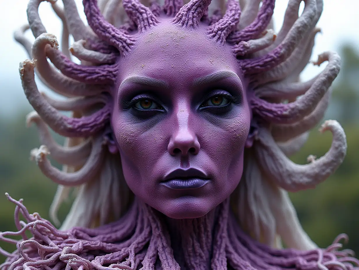 Face transformed into a building with purple and white Fly Agaric roots