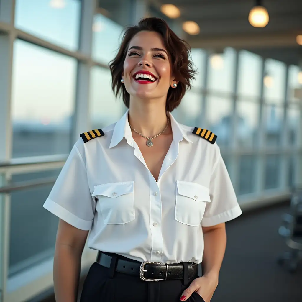 white norvegian curvy pilot lady, in white unbuttoned pilot shirt, laughing with her mouth open, red lipstick accentuating her smile,belt on waist, big wide hips, chest are fully grown, jewerly, short hair, HD, enjoying at airport , photo-realism