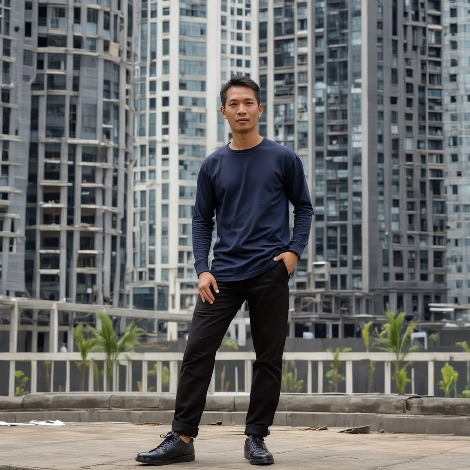 Indonesian man, 45 years old, 160 cm tall, handsome face, short neat hair, wearing a long-sleeved navy blue t-shirt, black pants, black shoes with a tall building background