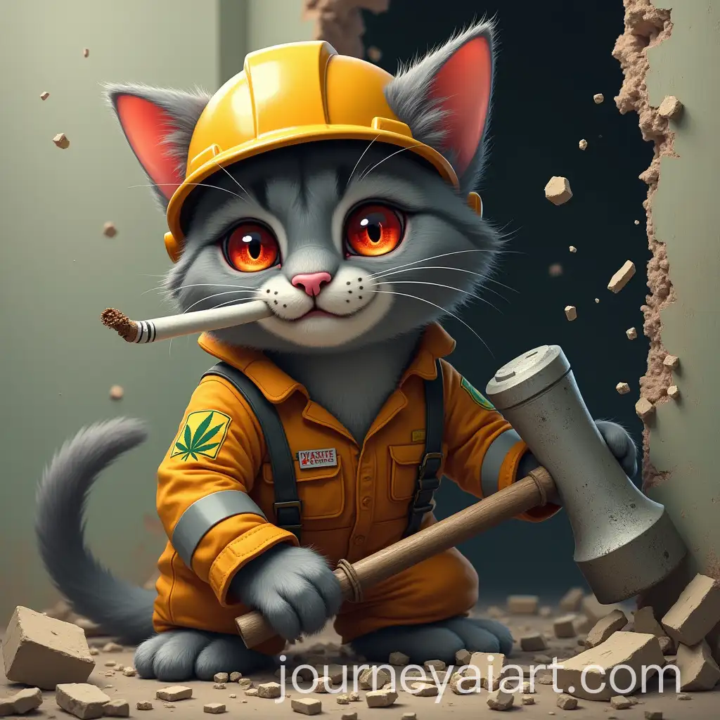 Grey-Anthropomorphic-Cat-Construction-Worker-Smashing-Through-a-Wall