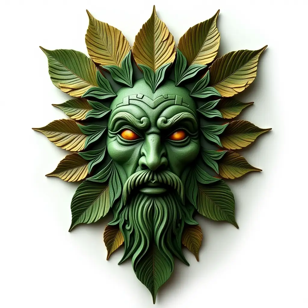 a carved wooden mask, a magnificent work of art, on a white background, a forest spirit Celtic Greenman, with golden eyes, made of a lot of  and a lot of variety symmetrical and beautiful green and golden leaves, clearly detailed and realistic, hyperrealism