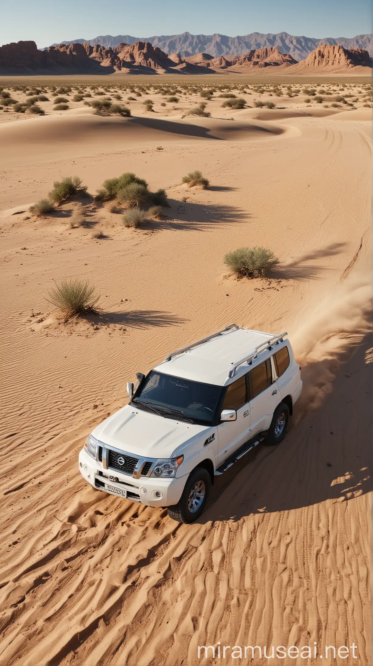 Realistic White Nissan Patrol Driving Through a Vast Desert Landscape