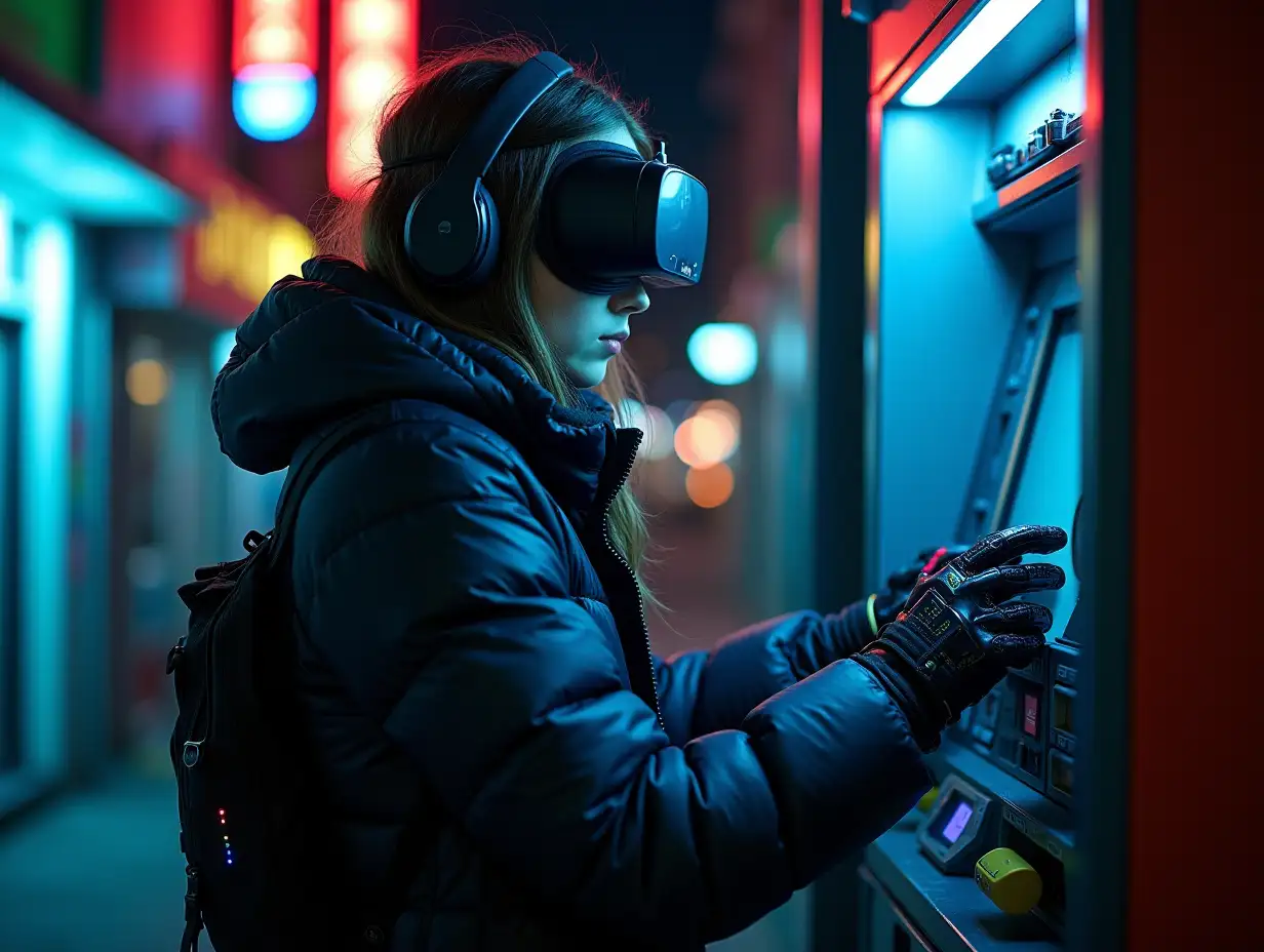 a young stealth techwear female hacker on a street at night, programming atm machine, hands covered, wearing puffer jacket, cybernetic headband, vr goggles, headphones, smartwatch over full electronic gloves, overflowing with wearable cyberpunk hardware, many wires connected from atm to gloves