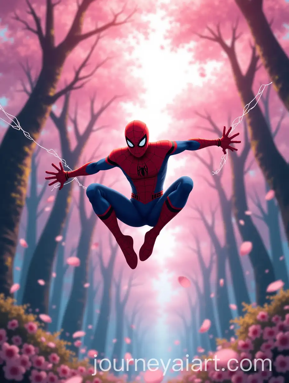SpiderMan-Swinging-Through-a-Cherry-Blossom-Forest