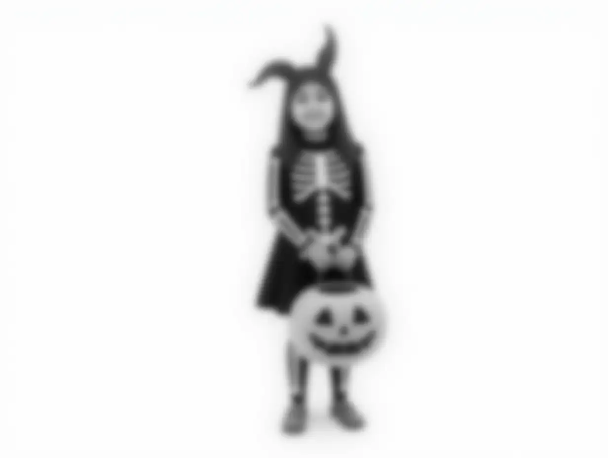 Asian-Girl-in-Halloween-Skeleton-Costume-with-Pumpkin-Bucket-on-White-Background