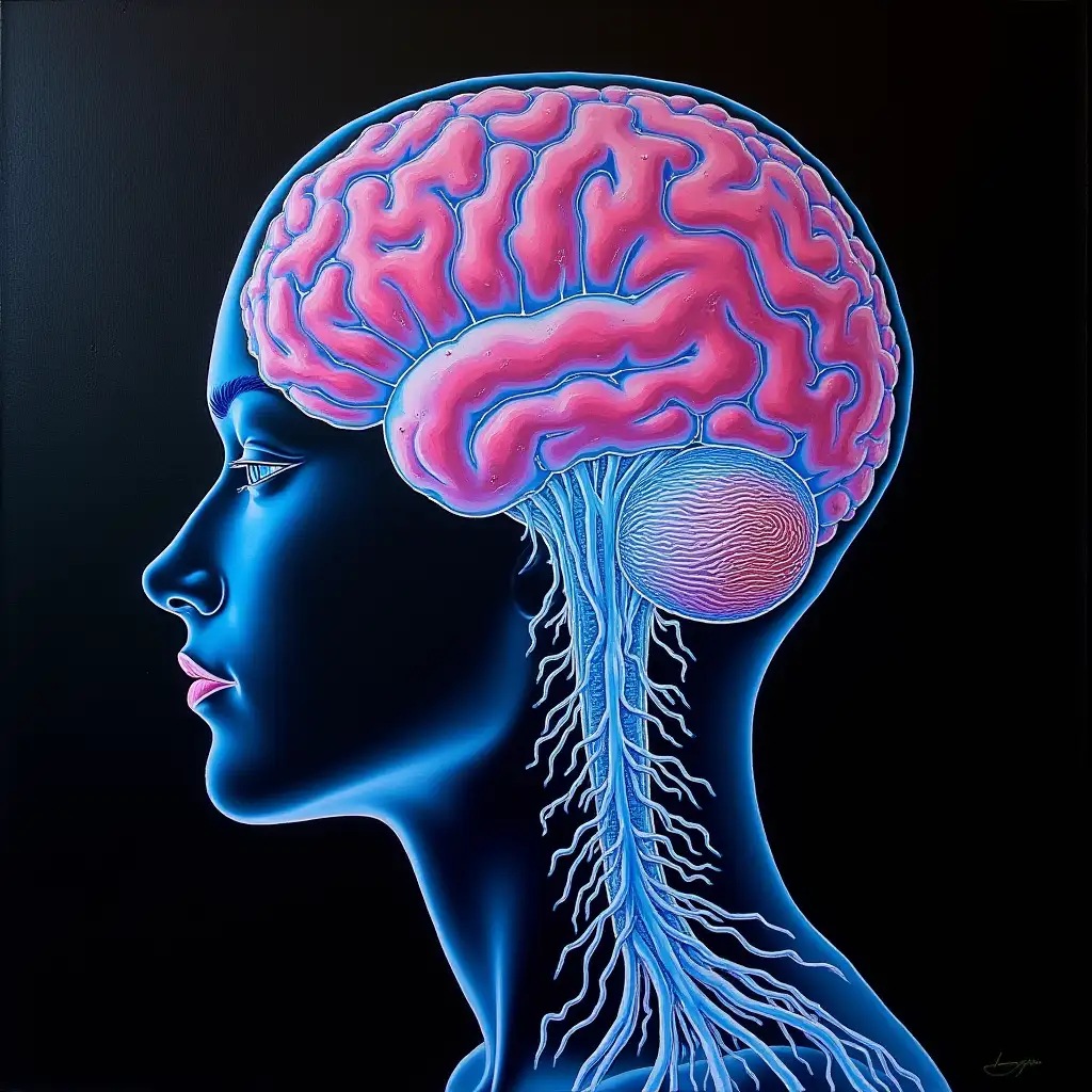 Surreal Artificial Intelligence Cyber Brain Painting on Black Background