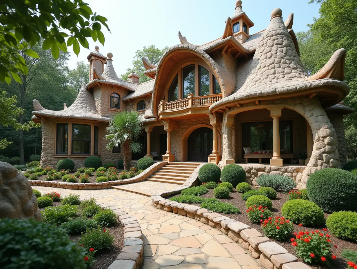 crooked house garden planting-with stucco in the form of plant ornaments, large windows with glass closed, curved, smooth window shapes, winding large entrance steps made of marble complex curved roof with dike,Lanterns,bench apple tree 4K resolution colorful wide-angle shots