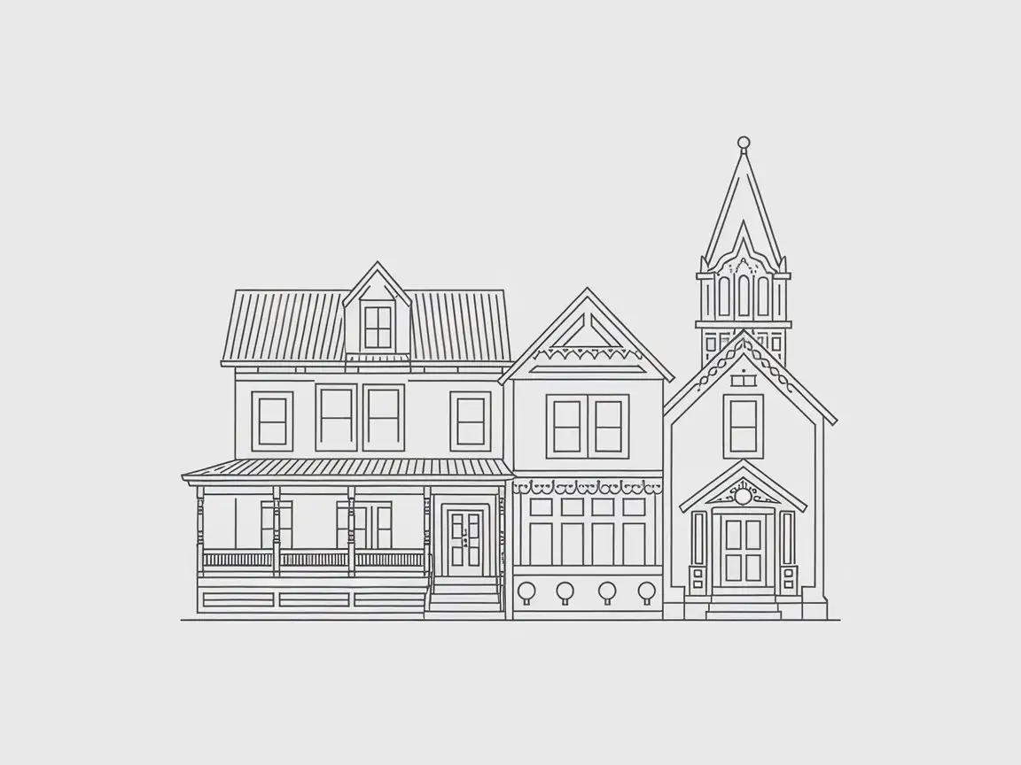 line drawing of a row of victorian buildings, simple graphic lines, home, church, white background