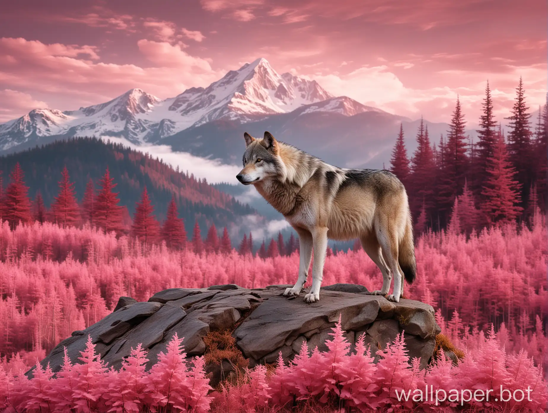 wolf on a mountin with a pink forest