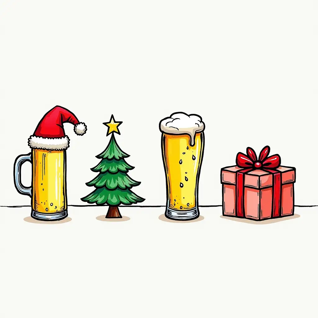 Marker Drawing of Christmas Items Beer Hat Tree and Present