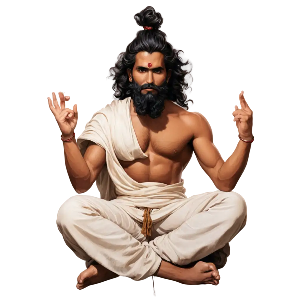 Brahman-in-Sitting-Position-with-Bhagwa-Shoulder-Wear-Muscular-Beard-Big-Hair-PNG-Image