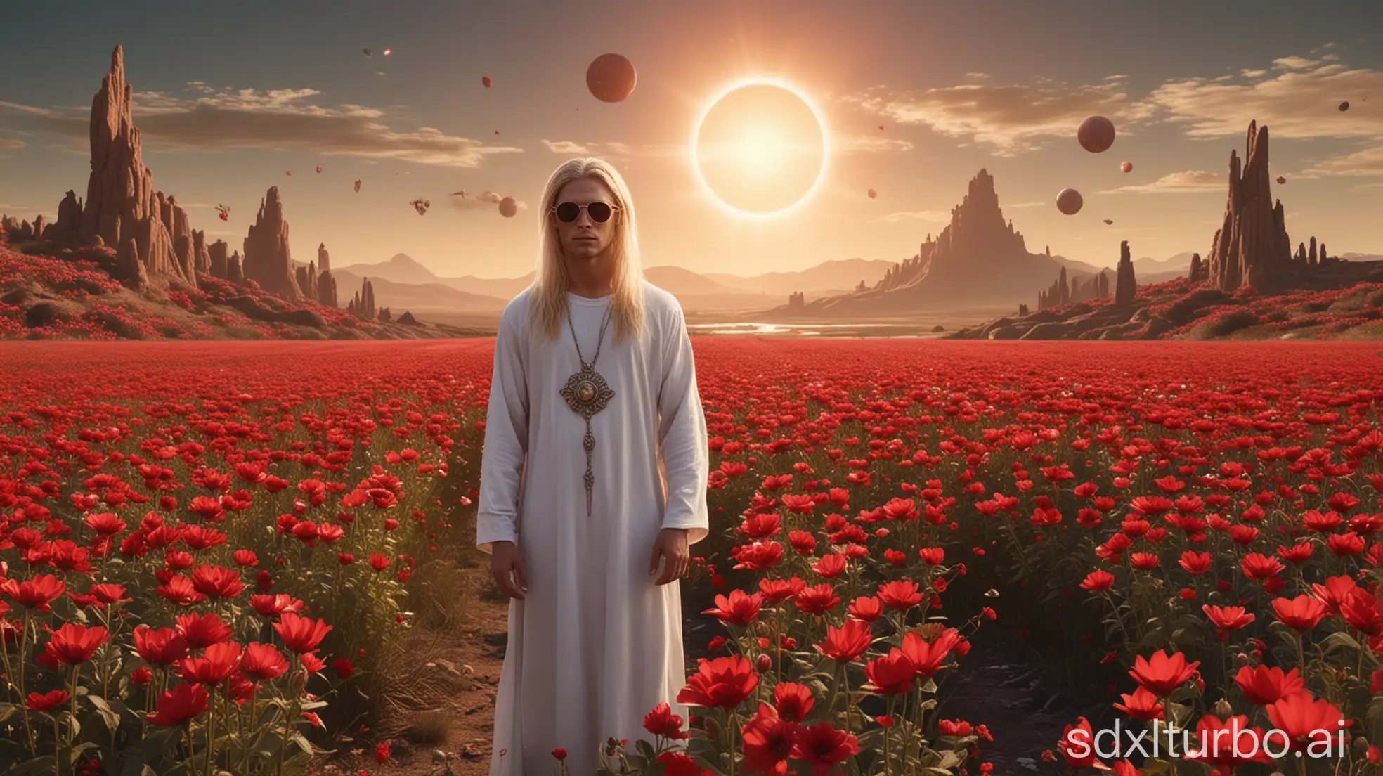 Alien-Male-in-White-Tunic-Standing-in-a-Red-Flower-Field-with-UFOs-and-Distant-Cityscape-at-Sunset