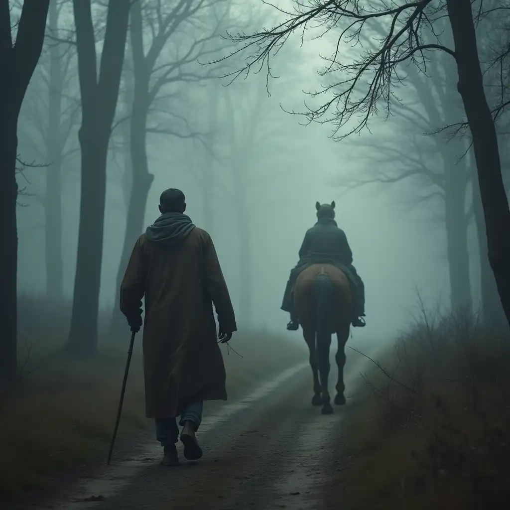 Elderly-Rabari-Man-in-Traditional-Clothing-Walking-with-Horse-in-Foggy-Forest