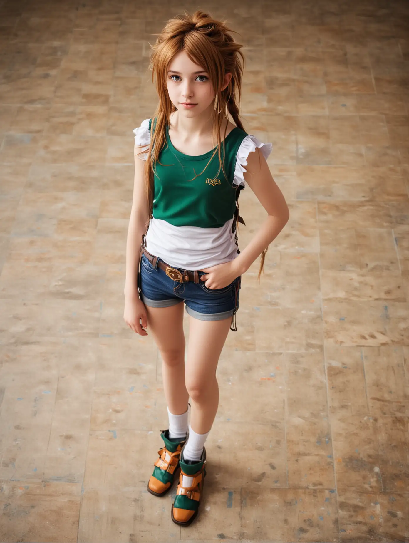 "very cute 13yo girl at jrpg convention, adorable innocent young face, wild hair"
"very tall long legged 13yo girl, cute innocent young face, barefeet",tight shorts ffx rikku cosplay modeling studio tile floor.