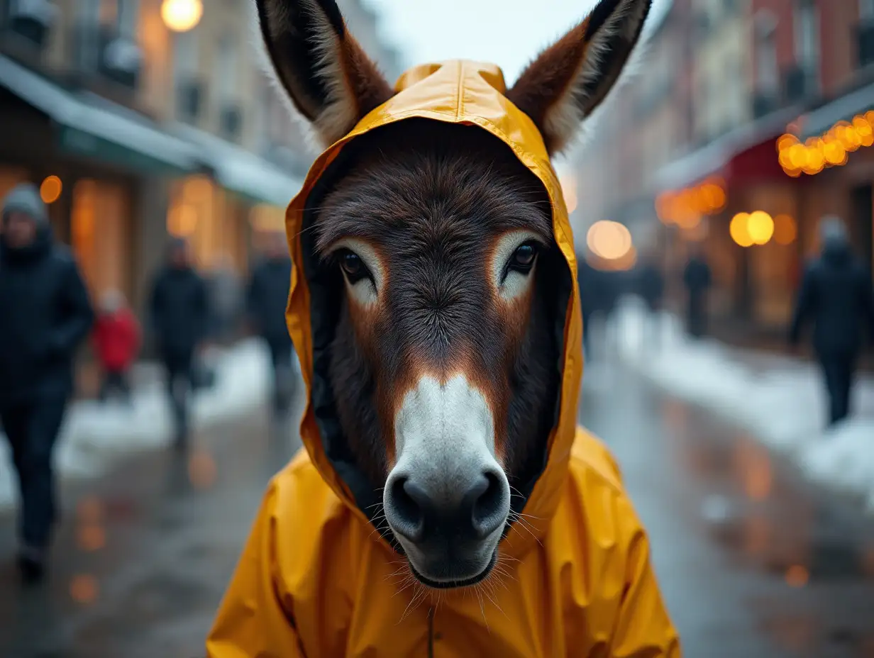 A donkey with a raincoat on Christmas