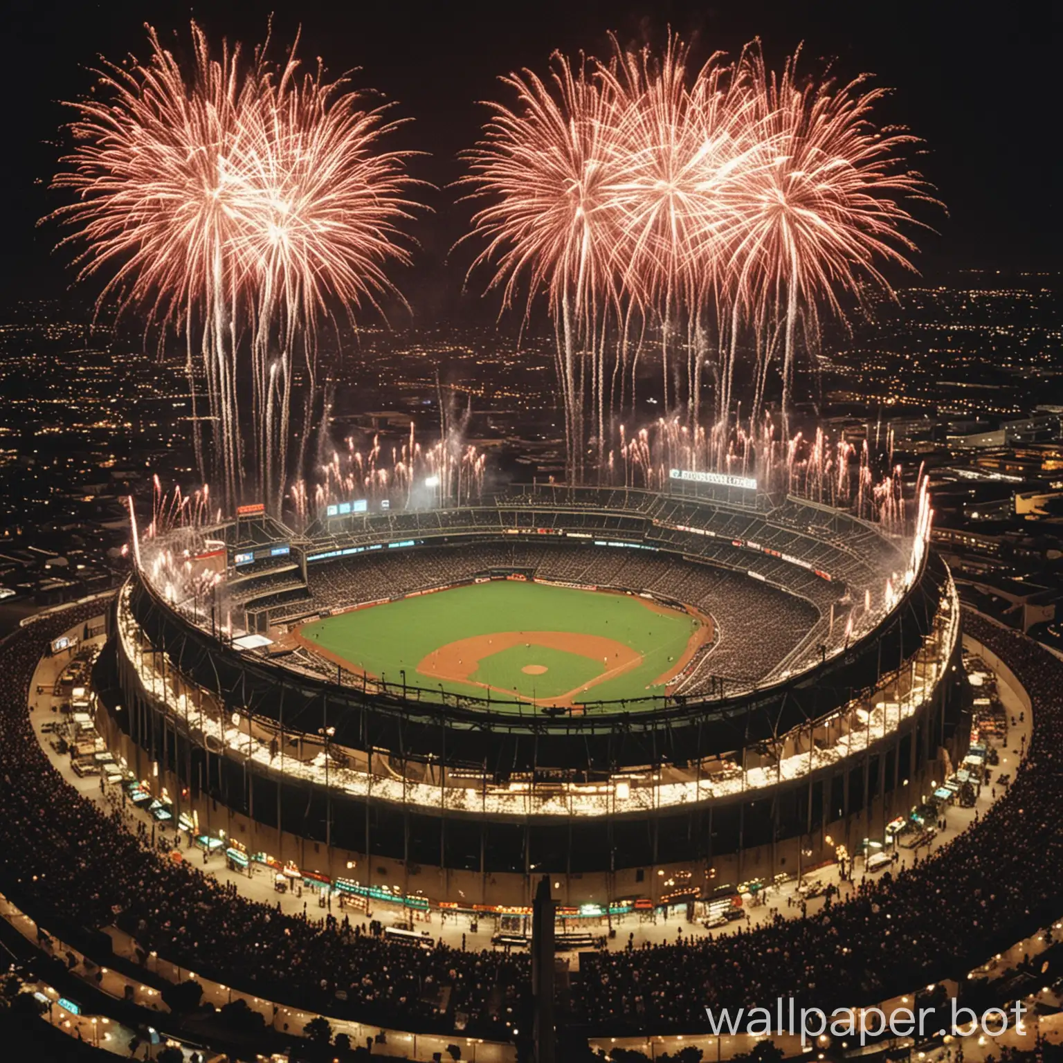 a view of Vintage 1989 Oakland A's stadium during fireworks night after winning the world series