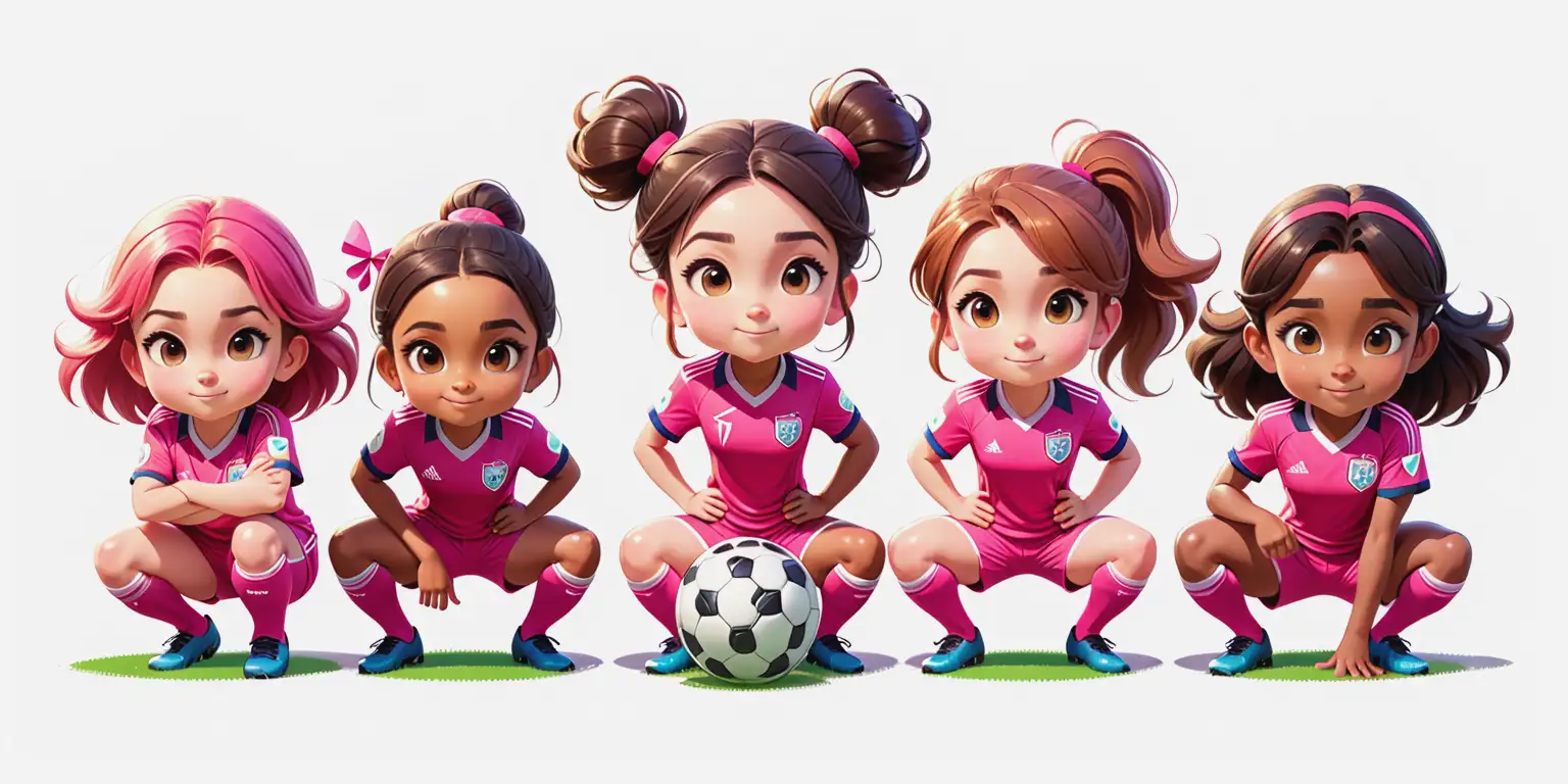 Cartoon Style Girls Soccer Team in Pink Uniforms on White Background