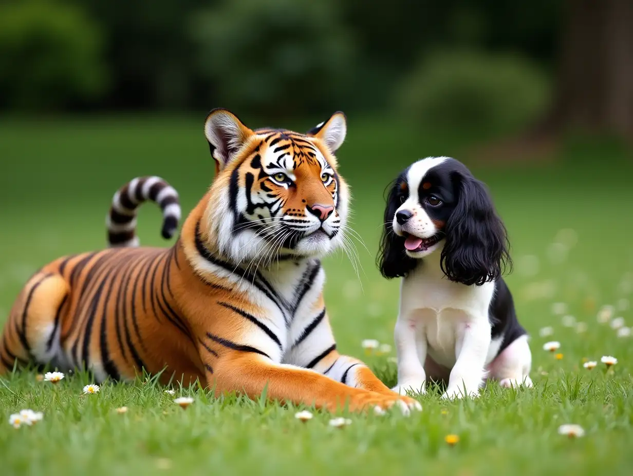 A Bengal tiger lies in a sphinx pose on a lawn with small flowers and waves its tail. A small black and white dog of the Cavalier Charles Spaniel breed sits next to him and barks.