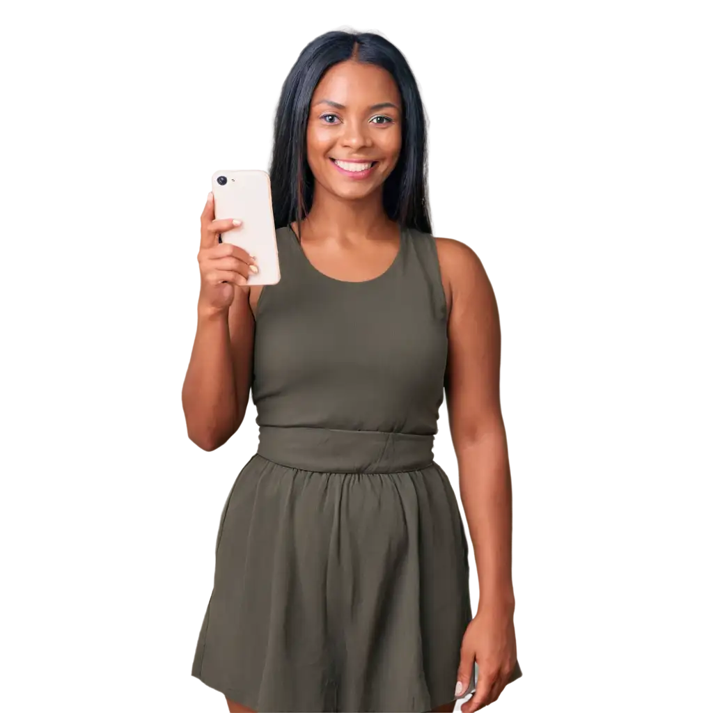 Black-Happy-Woman-Holding-Cell-Phone-PNG-Image-Smiling-Woman-with-Smartphone