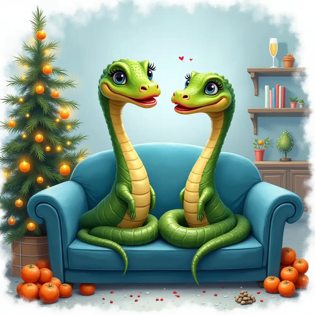 Two cartoon charming green snakes with bright red lips and black curled eyelashes sit on a blue couch, near a Christmas tree decorated with lights, champagne and mandarins, winter, light blue watercolor background spot, does not exceed the frame borders, high detail, digital illustration, digital art, hyperdetalization, airbrush drawing, very bright colors