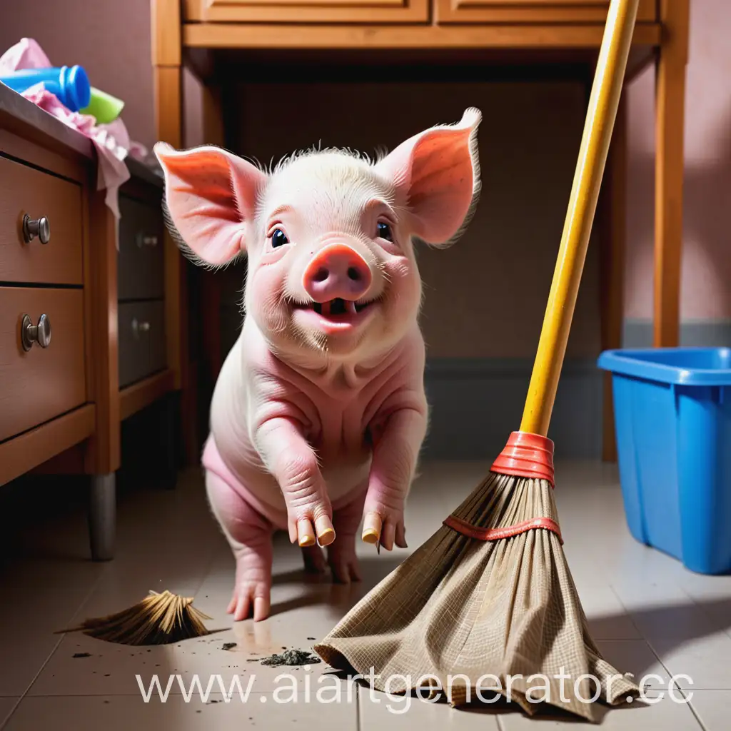 Adorable-Piglet-Sweeping-to-Clean-Up-Room