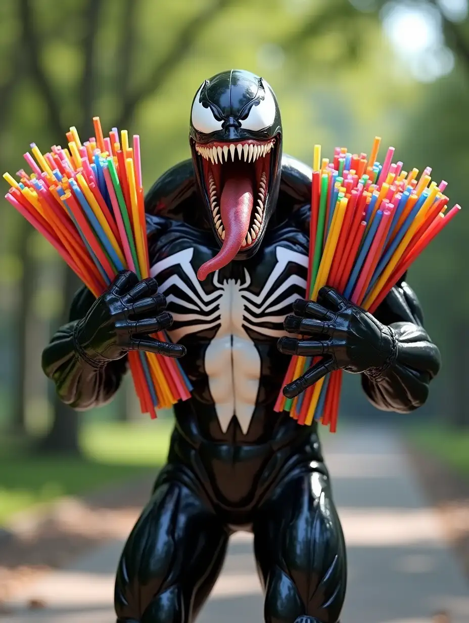 A highly detailed 3D 4K render of Venom standing outdoors in a park-like setting, holding large bundles of colorful plastic straws in both hands. Venom has his signature black, muscular symbiote suit with a white spider emblem on his chest. His menacing, sharp-toothed grin is wide open, revealing a long, slimy tongue curling outward. His eyes are large, white, and jagged, giving an intense and sinister expression. The vibrant straws contrast with Venom’s dark form, creating a surreal and humorous effect. The background features soft-focus green trees and a paved walkway, with natural sunlight enhancing the realistic textures of Venom's glossy black skin, sharp claws, and the reflections on the straws. The image has cinematic lighting, ultra-realistic shading, and dynamic composition.