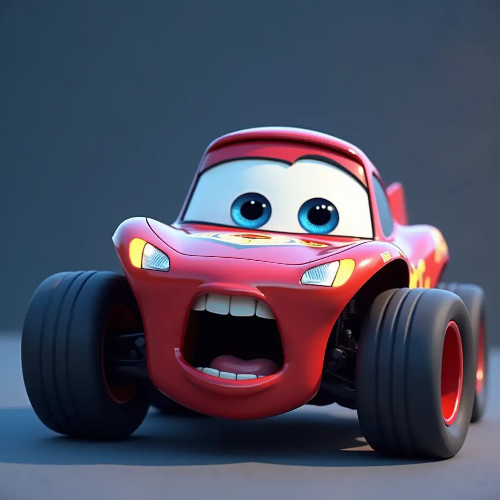 Matel Pixar animated racing car with big expressive eyes and an open shocked mouth. The car has a sleek design, with large front wheels, glowing headlights, and a shiny body