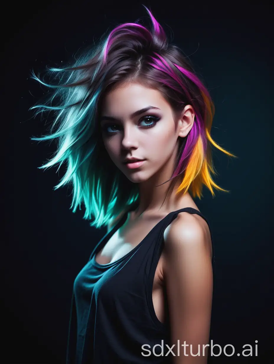 simple dark background, electronic dance music, young adult woman, pretty face, feminin body, random hair color, wears random feminin clothes