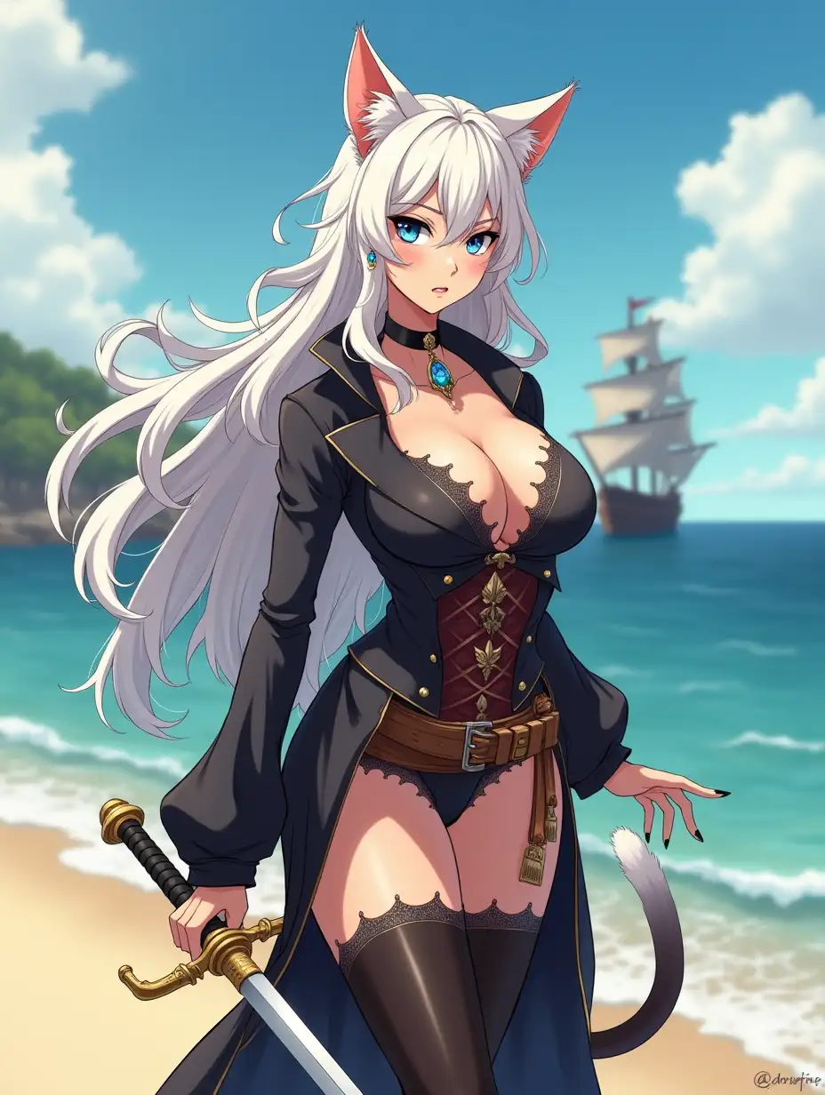 A mature adult feline/woman dressed as a pirate with a sword on a beach.  A pirate ship in the background. Her 30-something years are disguised by her youthful facial features, except for her subtle wrinkles around the eyes, extremely slender body. Her ample bosom strains against her clothing, threatening to burst free from the fabric, extreme cleavage.  Wearing black thigh high pirate boots. She has piercing blue cat eyes. A choker adorns her neck, a subtle hint at her feline nature. Her long, white hair cascades down her back like a wild waterfall, tangled and disheveled. Her cat-like teeth glint in the light, as her white fur-lined ears punctuate her visage with sparkling black and gold earring adorns each ear, adding a touch of elegance to her feline features. Cat whiskers on her face. The attached tail at the base of her spine stirs lazily.  Long fingernails. Full body view. Anime.