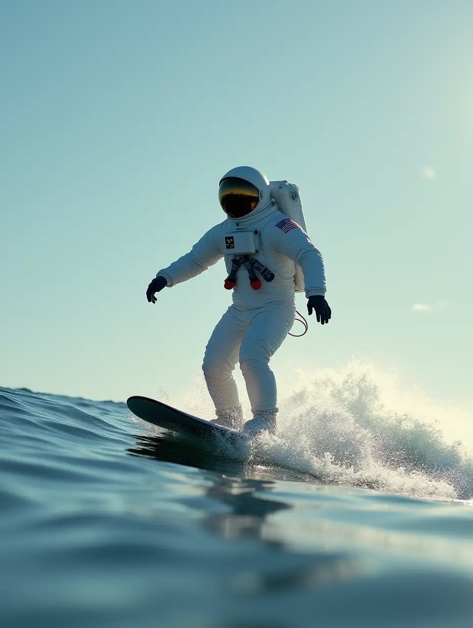 Astronaut surfing along the coast