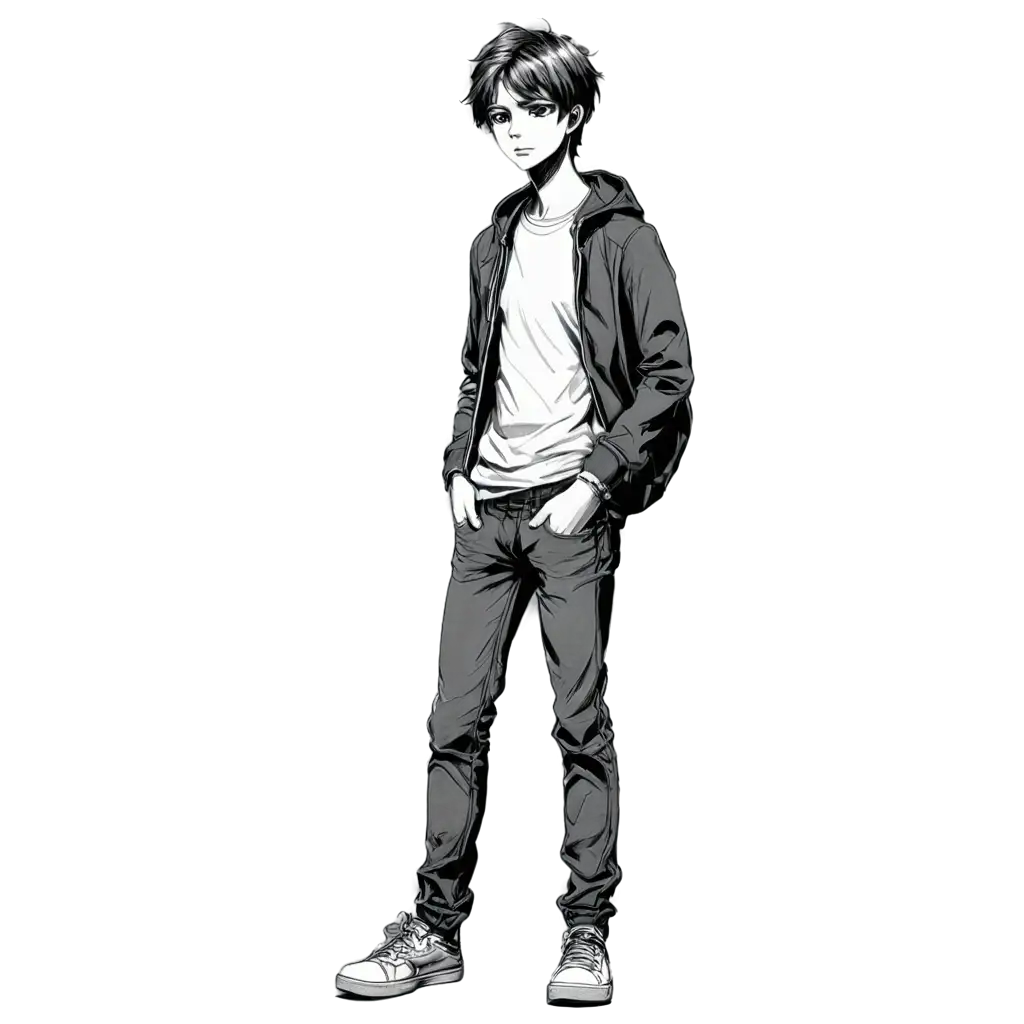 Realistic-BlackandWhite-Pencil-Sketch-of-a-20YearOld-Anime-Boy-FullBody-PNG-Image-for-Artistic-Use