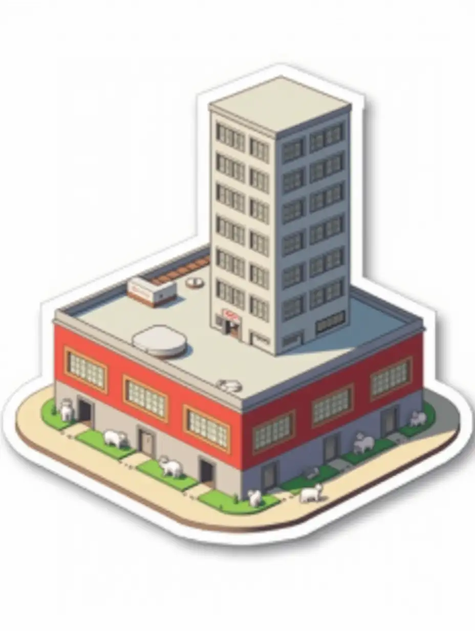 isometric vector sticker:A red-brown industrial office building as long as a railroad car and wide, with one long beige-framed window running the entire length of the ground floor. A tall 8-storey rectangular office building made of grey concrete rises up from this building. There are small white cats in office clothes nearby. The overall image mimics the appearance of a cut-out laminated sticker, the sticker is bright in the anime style. The overall image mimics the appearance of a cut-out laminated sticker, the sticker is bright in the anime style.  die cut sticker design top-view, high resolution, vector art,  white background, paint in anime style