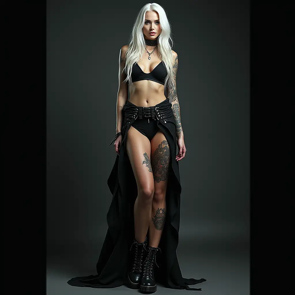 Depiction of a beautiful white woman with tattoos and long mixed white-black hair in a futuristic style and laced boots, Blurry black background (120mm) shot poster