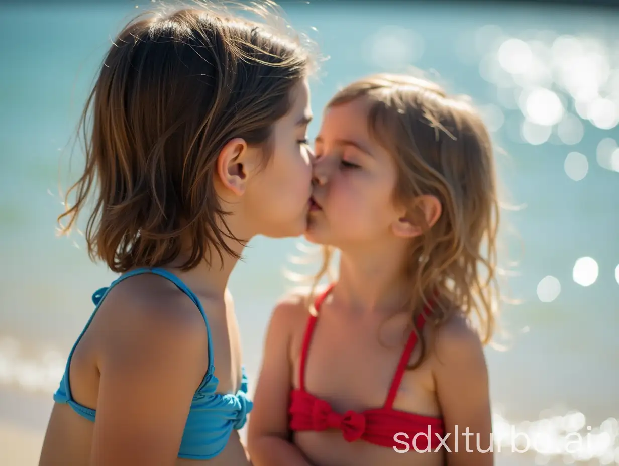 Little brown girl kissing little girl on the lips, little girl has short dark brown hair, little girl has long blonde hair, 6 years old, there is a , it is day time, at the lakeside, little blown girl in blue swim bikini , little girl in red bikini.