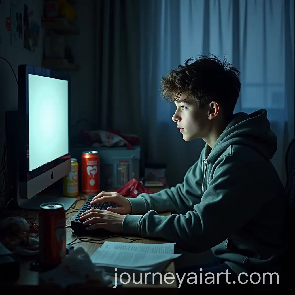 Teenage-Boy-Gaming-in-Dimly-Lit-Bedroom-Surrounded-by-Clutter
