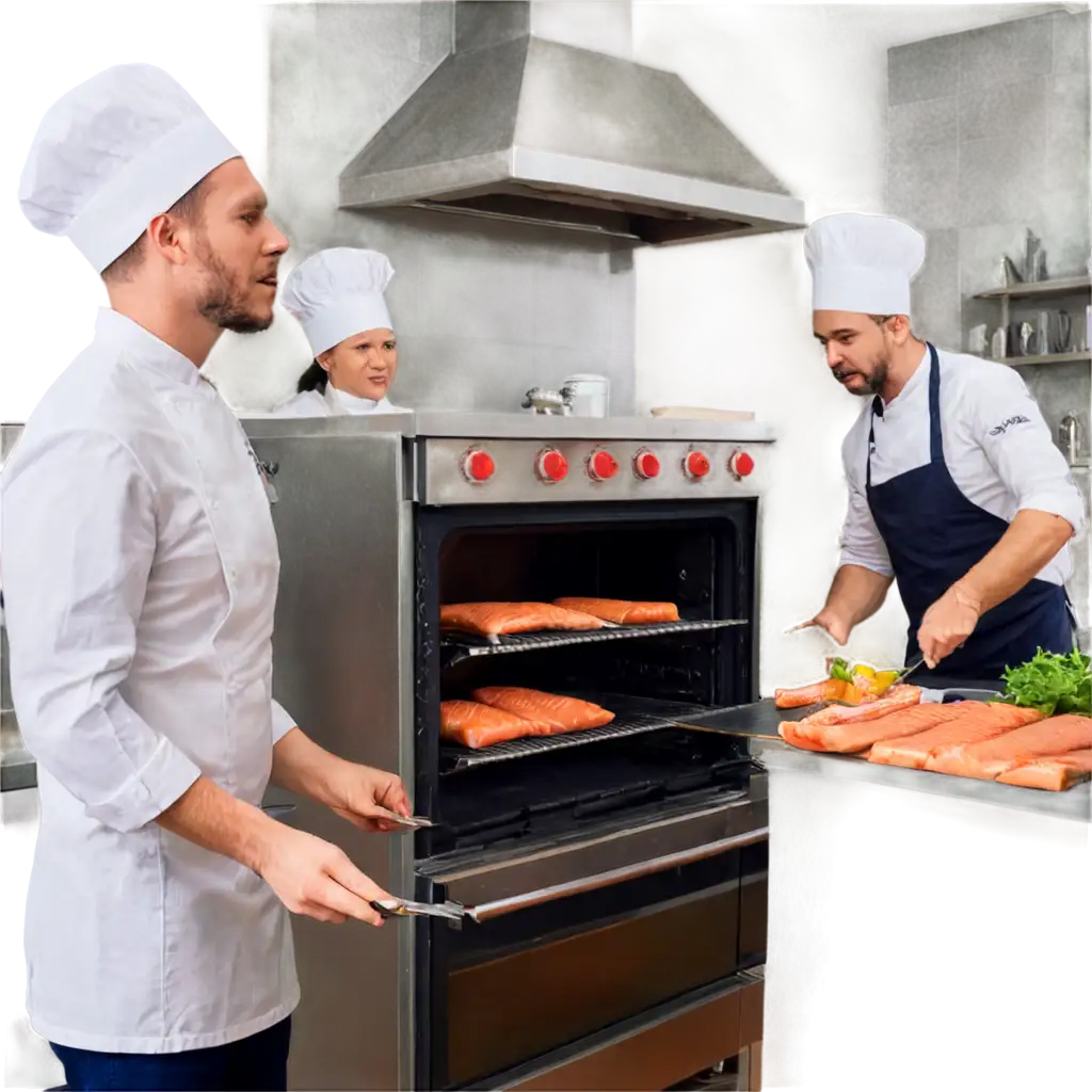 Chef-Cooking-Salmon-in-the-Oven-with-Two-Assistants-HighQuality-PNG-Image-for-Culinary-Arts