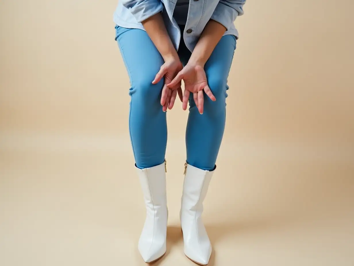 woman in blue pants and white knee pointed toe mid calf boots (inside the pants), waving both hands horizontally (up and down) in front of nose fanning out the air very very fast (bad smell gesture). Center view.