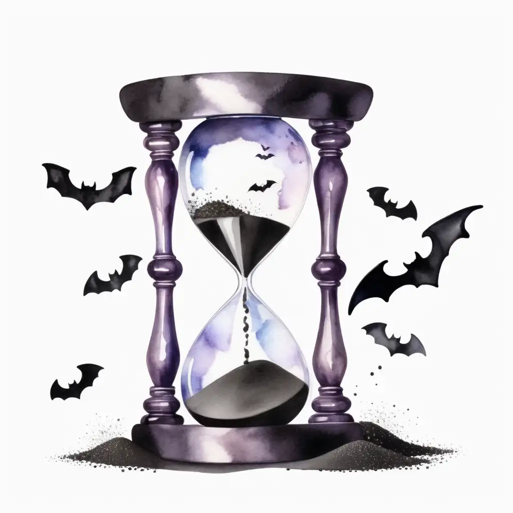 Aesthetic Watercolor Halloween Style Hourglass with Black Sand and Flying Bats