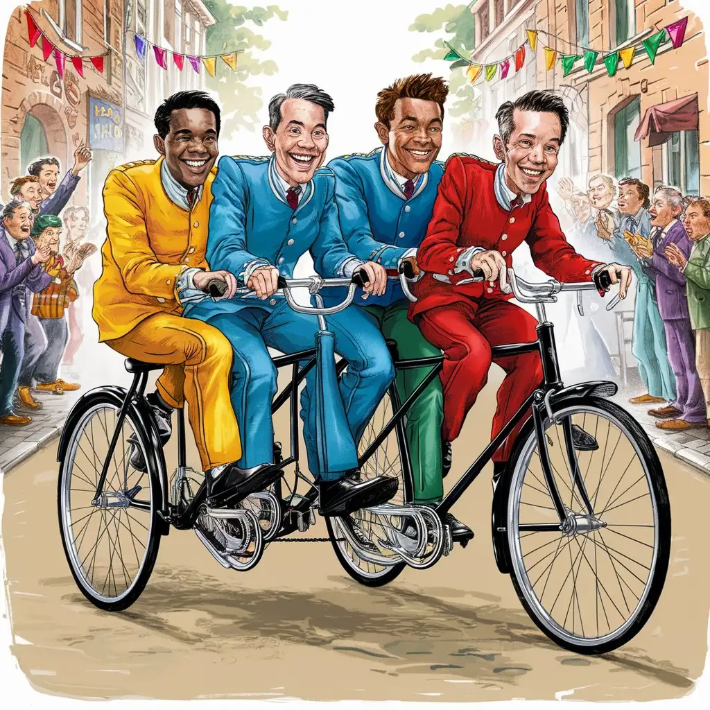 four men riding a bicycle