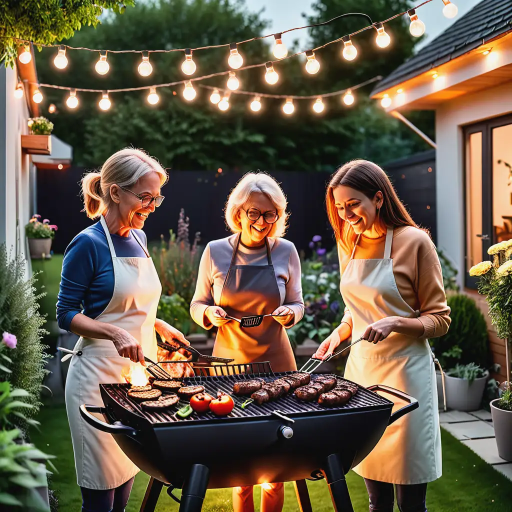 Two adult women are grilling in the garden, under lots of garden lights.