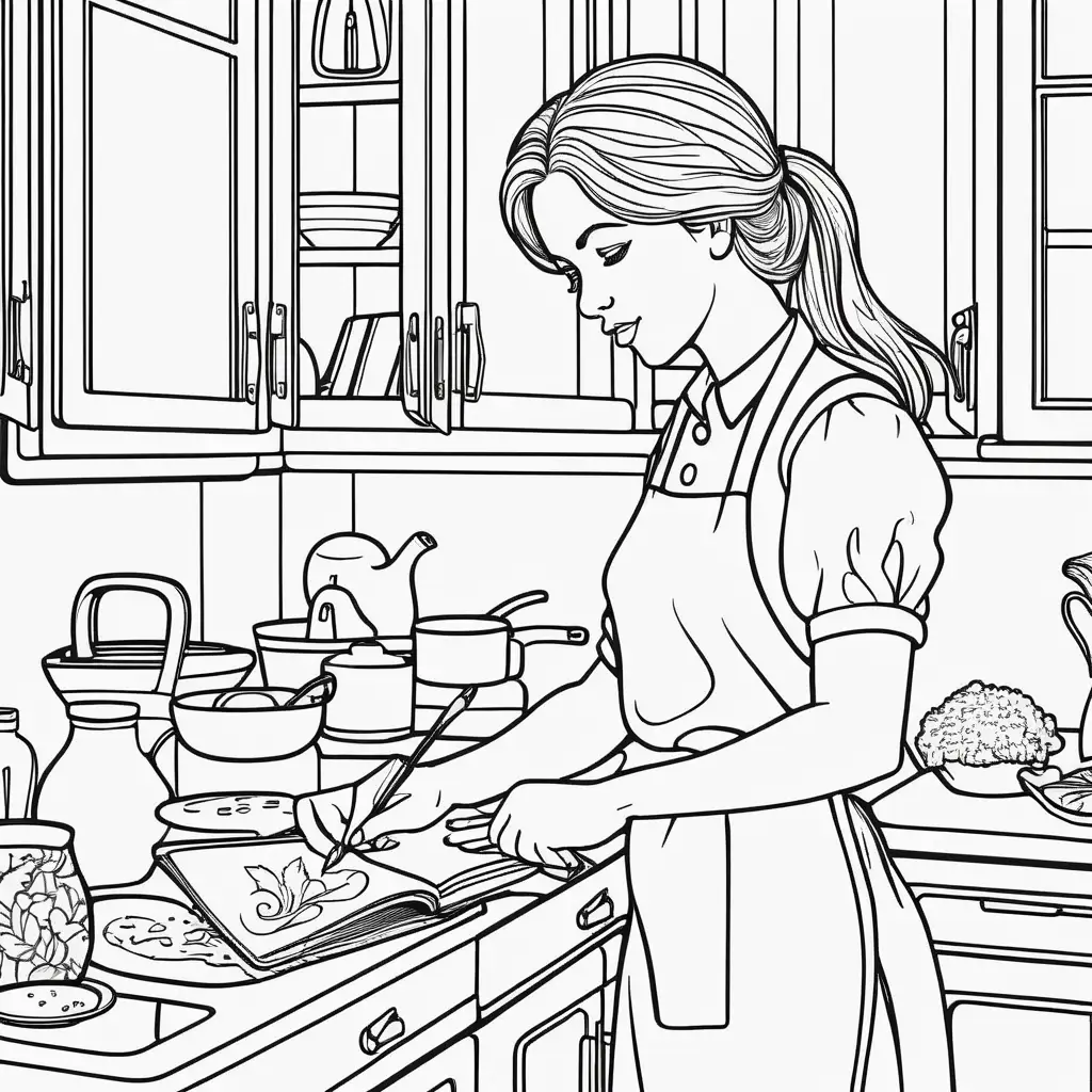 Woman Coloring Book Outline of a Woman Working in the Kitchen