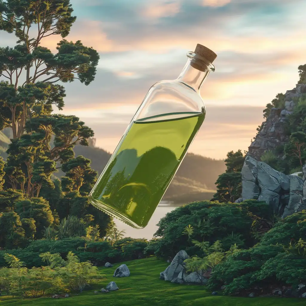 a bottle in front of different nature on one side, on the other side another with 3d special effects