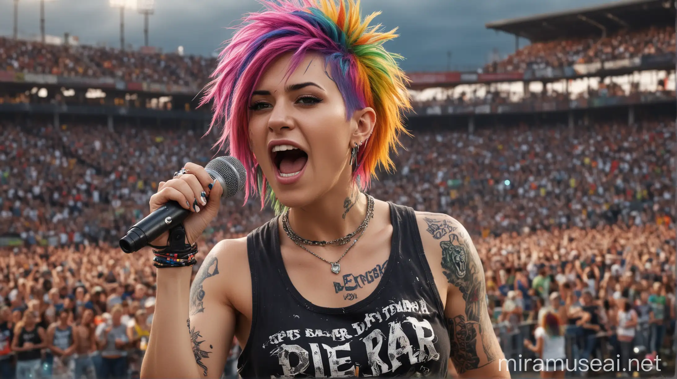 Female Rocker Singing with Rainbow Punk Hair in Stadium Concert Scene