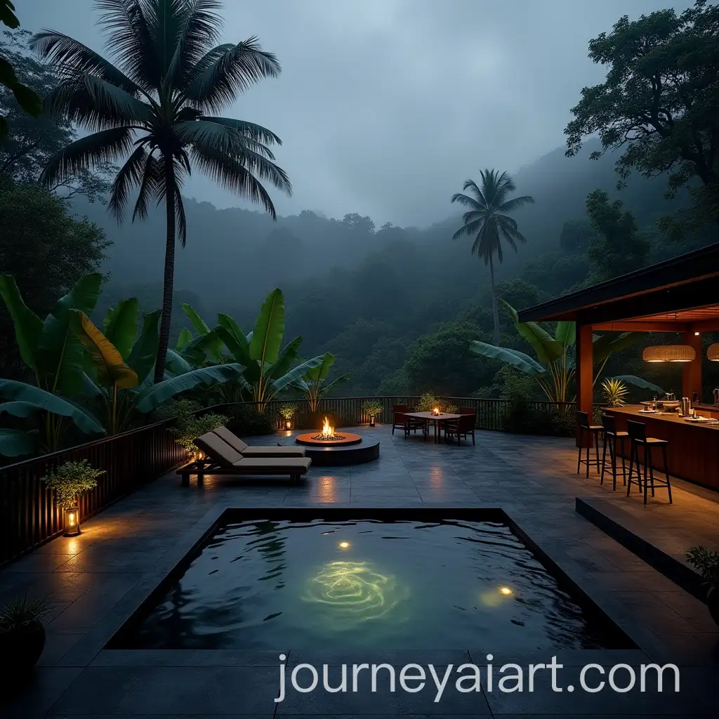 Modern-Terrace-with-Jacuzzi-and-Fire-Pit-in-Tropical-Forest-at-Night