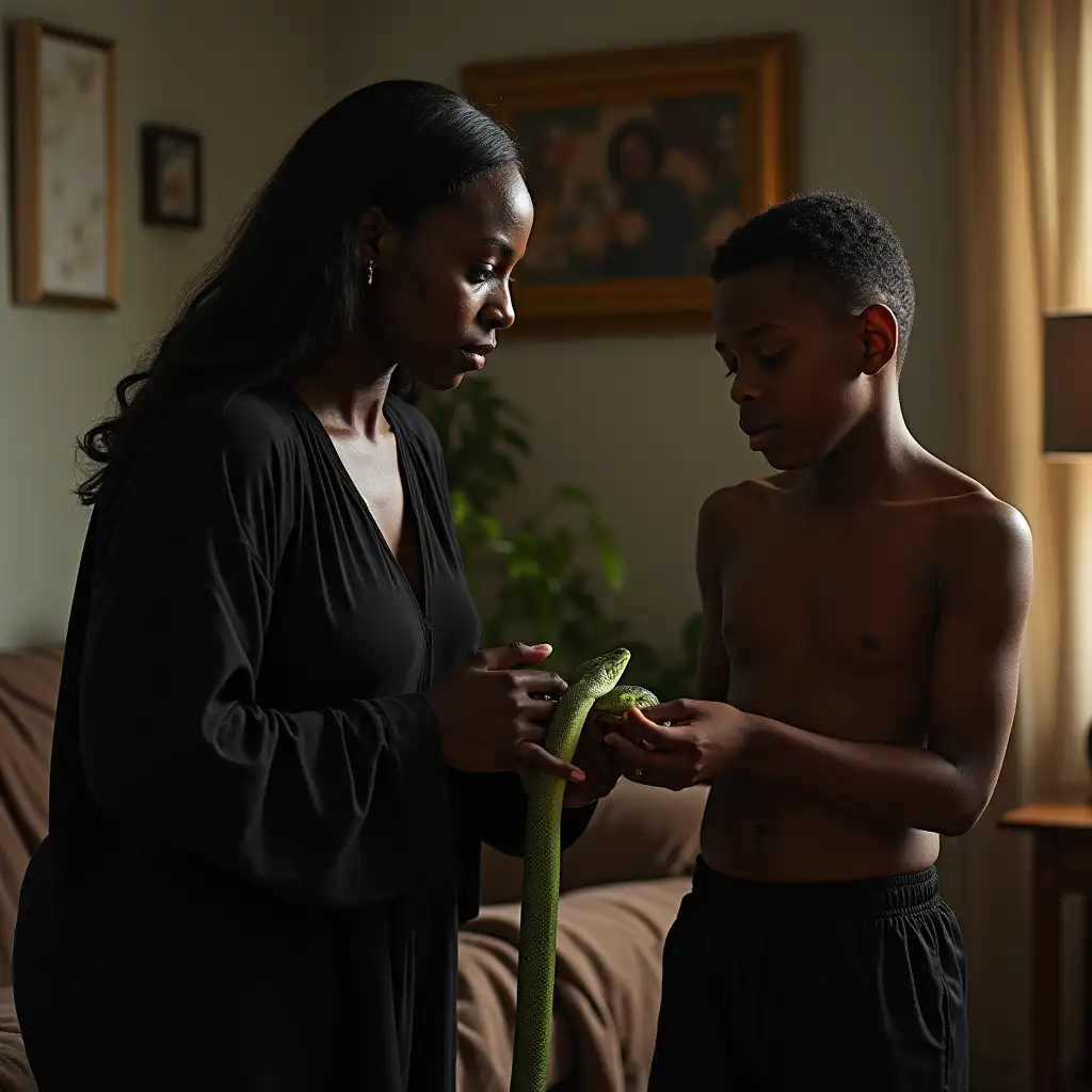 Black-Woman-Giving-a-Green-Snake-to-Shirtless-Boy-in-Living-Room